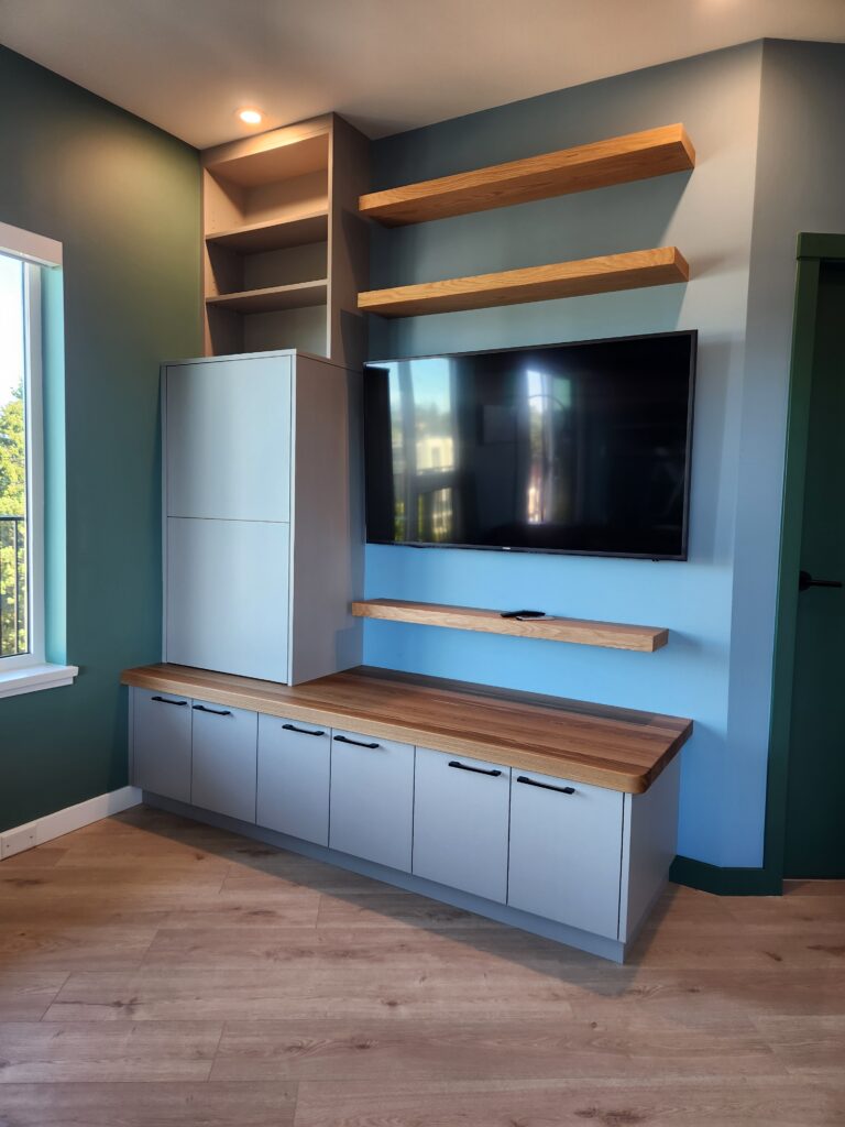 Floating shelves and custom oak countertop